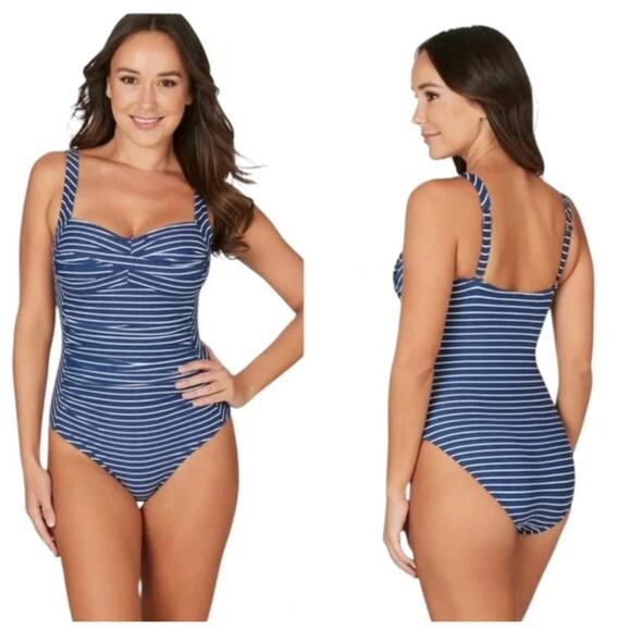 Niptuck Swim Womens 6 Blue White Riviera Striped Twist Front One Piece Swimsuit - Picture 1 of 10